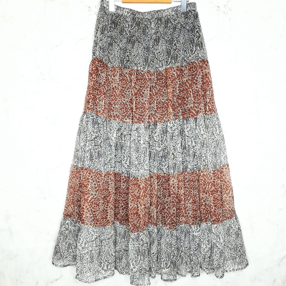 Sheer Overlay Flare Maxi Skirt Tiered Pattern M - Picture 3 of 11